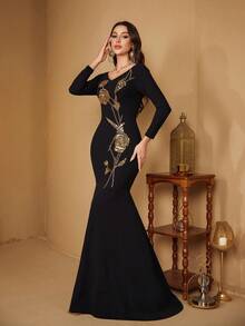 SUPGIR Women's V-Neck Long Sleeve Sequin Embroidery Slim-Fitting Butt-Hugging Mermaid Hem Knit Burlap Elegant Evening Dress - màu đen - Xem 7
