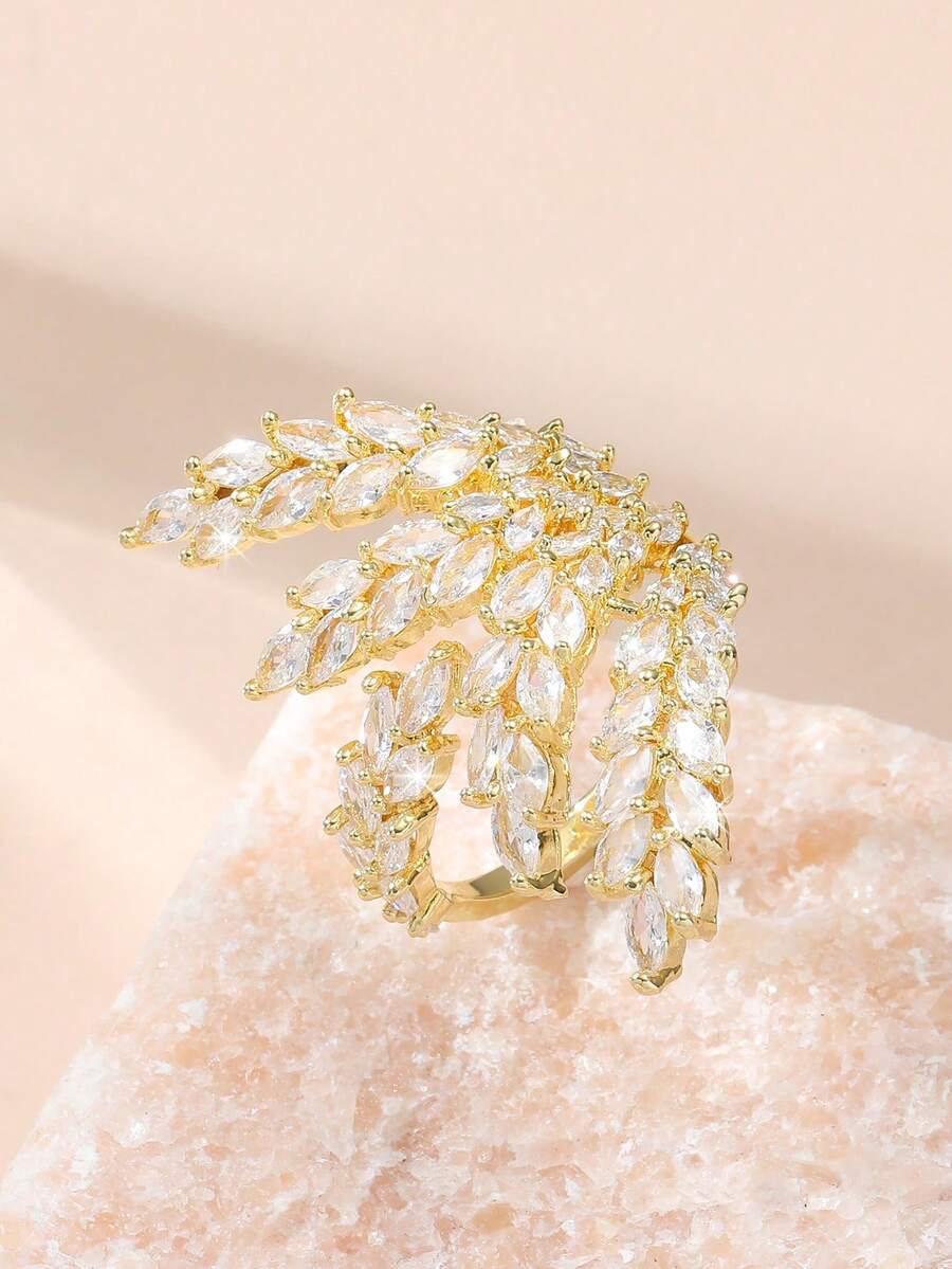1 chiếc nhẫn hở hình lá phong Zirconia thanh lịch thời trang - Vàng + Zirconium trắng - Xem 1
