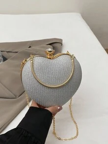 1件全新独特设计闪亮心形戒指手提包，带链条，时尚单肩/斜挎包，适合约会、休闲外出、情人节，个性化奢华晚宴手拿包 - 銀色 - 查看 4