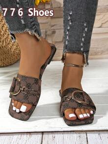 女士水钻链条装饰平底拖鞋，时尚露趾圆头防滑拖鞋，户外拖鞋，白色凉鞋，黑色凉鞋，橙色凉鞋。婚鞋。万圣节。节日必备 - 咖啡棕 - 查看 4