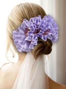 chouchou en tissu à pompons élégant et à la mode, chouchou bohème bleu et rose froncé, grand accessoire floral pour cheveux pour femme, double volant, idéal pour les cheveux épais, pour le quotidien, les vacances et les rendez-vous galants.