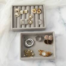 1pc Small Velvet Jewelry Box, Stackable Portable Organizer Tray For Rings, Earrings, Necklaces - Grey - View 4