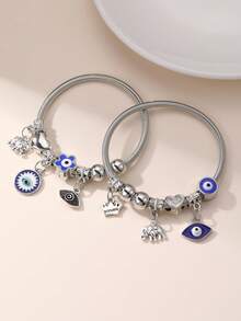 Set de 2 piezas de pulseras para niñas con cuentas con diseños de corazón, flor y ojo malvado - Multicolor - Ver 4