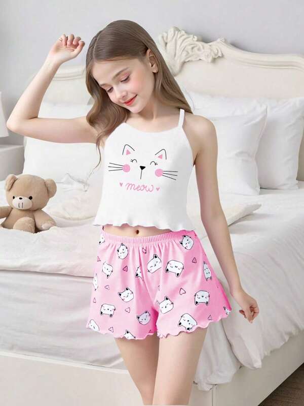 Conjunto de 2 peças para meninas adolescentes com estampa de gato fofo, colete rosa, top e shorts de cintura média, adequado para primavera, verão e outono