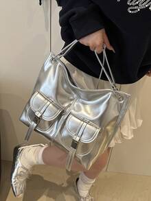 Vintage High-End Oil-Waxed Leather Tote Bag, Chic&Versatile, Large Capacity Casual Shoulder & Crossbody Bag For Women - Silver - View 7