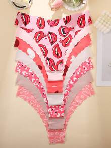 7pcs/Pack Women's Sexy & Comfortable Floral Print Seamless Panty Sets With Wave Hem, Pink Tones - 彩色 - 查看 2