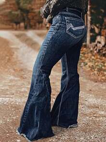 女士新款刺绣流苏高腰喇叭牛仔裤，休闲春季款 - 藍色 - 查看 2