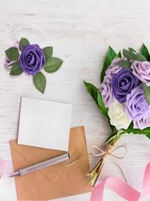25pcs Purple Artificial Rose Flowers Set With 2pcs Leaves, Realistic Roses On Stems, For DIY Wedding Bouquet, Party, Home Decor