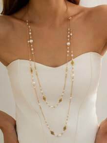 1 peça colar longo com corrente de pérolas falsas da moda francesa, acessórios para festas femininas, joias elegantes