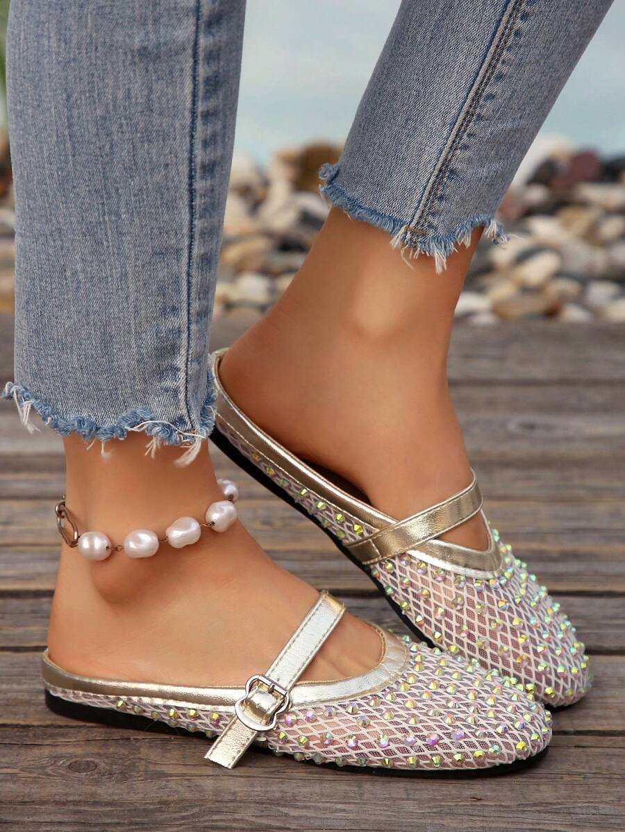 Women's Summer Fashion Rhinestone Decor Round Toe Slip-On Flat Sandals, Comfortable Non-Slip Soft Sole Backless Mule Casual Slippers, Versatile And Graceful - Gold - View 1