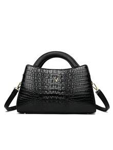 1 件时尚鳄鱼纹仿皮斜挎包 - 纯色大容量单肩包，拉链开合，涤纶衬里，边缘涂漆细节，适合旅行和通勤