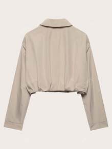 Plain Color Pleated Loose Short Jacket, Suitable For Spring & Autumn