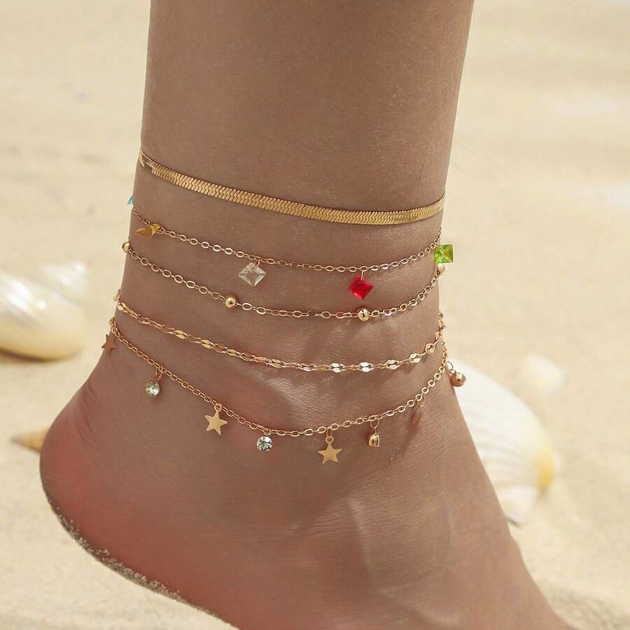 5 件/套简约优雅闪亮彩色玻璃水滴和星星吊坠沙滩脚链，适合日常佩戴 - 彩色 - 查看 1
