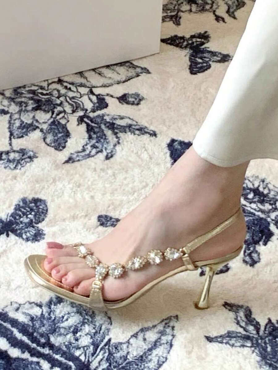 2025 Summer New Gold Square Toe Rhinestone Chain Buckle Strap High Heel Sandals, Elegant & Charming - Gold - View 1
