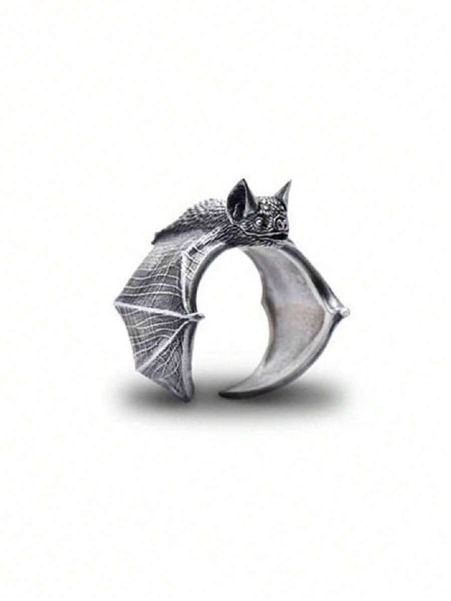 1pc Vintage Metal Minimalist Bat Shaped Open Ring, Fashionable Personalized Animal Ring For Men - Silver - View 1