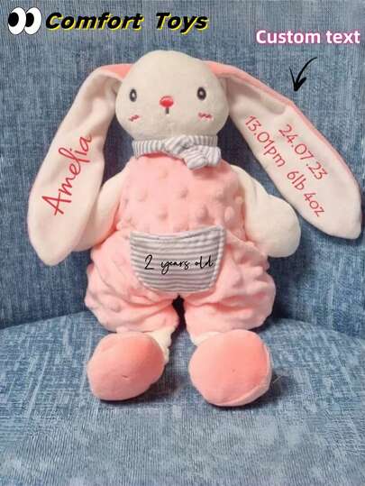Muñeca de peluche de conejo personalizada, animal de peluche de conejo personalizado con texto impreso en las orejas y la ropa, compañero suave para brindar consuelo y a recién nacidos, bebés y niños. Regalo ideal para nuevas mamás, bebés y el Día del Niño.