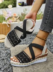 Sandalias de plataforma con cuña para mujer para el verano, de estilo versátil y casual con un diseño de correa de paja tejida con encaje de 2025, de gran tamaño, con estampado floral, elásticas y transpirables