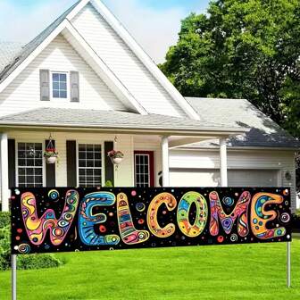 1 pezzo, realizzato in poliestere, un banner decorativo di benvenuto delle dimensioni di 200 per 40 cm, adatto per decorazioni per feste, cartelli per il cortile e decorazioni da appendere all'esterno per le vacanze, perfetto per borse regalo e forniture per feste sia per interni che per esterni, ideale per recinzioni da giardino e balconi per dare il benvenuto agli ospiti a casa.