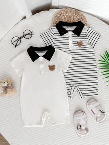 2pcs Baby Boy Clothes Set: White & Striped Polo Collar Teddy Bear Short Sleeve Loose Design Romper
