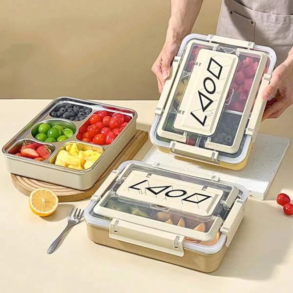 1Set 304 Stainless Steel Divided Lunch Box Set, Large Capacity Sealed And Leak Proof Bento Box With Chopsticks, Spoons, And Soup Bowls, Portable 5-Compartment Lunch Container With Handle, Microwave Safe & Hot Water Heating, Suitable For Student And Adult Use In School, Office, Outdoor Camping, Picnic, Travel