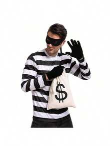 4pcs/Set Thief Outfit Including Canvas Bag, Gloves, Eye Mask, Hat, Costume For Burglar, Prisoner Role Play, Novelty Outfit, Unisex, Suitable For All Seasons Halloween - Multicolor - View 7