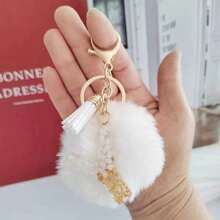 Christmas Festival Gifts Home Decorations-White Initial Letter Keychain With Soft Fluffy Fur Ball Pom-Pom Women Sweet Bag Purse Charm A-Z 26 Letter Pendant