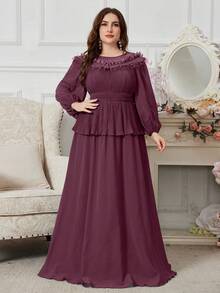 SUPGIR Round Neck Long Sleeve Gathered Front High-Low Hem Hazy Blue Party Dress With 2 In 1 Design - Red Violet - View 2
