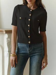 女士优雅针织短袖上衣，休闲通勤衬衫，纯色针织短袖开衫，复古街头风，春夏秋季 - 黑色 - 查看 4