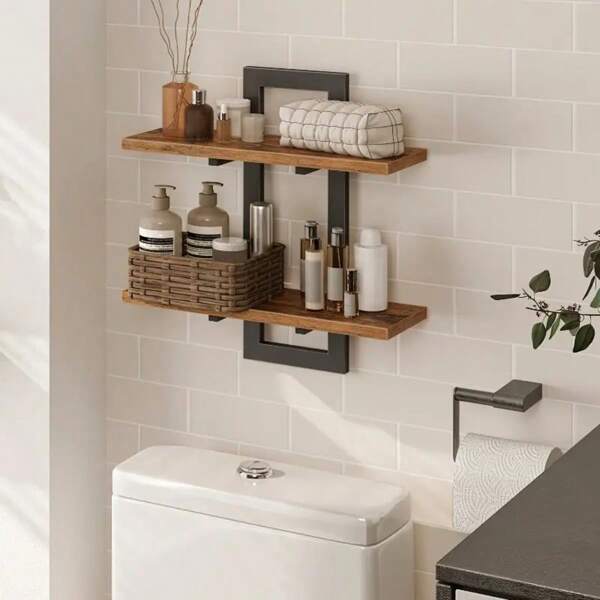 [Dual-Layer Rustic Style Hanging Rack] Rustic Style Floating Shelves Set (2-Tier) - Wooden Wall Mount Storage Rack - For Living Room, Bedroom, Bathroom, Kitchen, Dual-Layer Wall-Mounted Shelf - Decorative & Practical Storage Rack