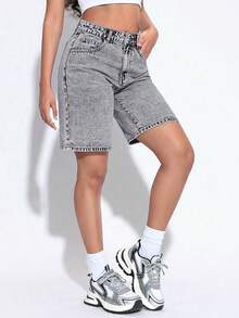 Quần short Bermuda cạp cao dành cho nữ, quần short denim dáng rộng thoải mái thời trang mùa hè. - Màu Xám nhạt - Xem 5