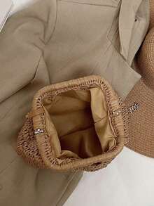 Fashionable Woven Handbag,Minimalist Design, Suitable For Spring/Summer Vacation, Beach, Stylish Shoulder Bag - Khaki - View 4