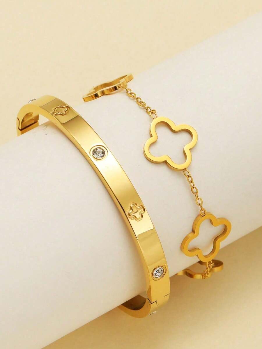 Brazaletes de acero inoxidable abiertos enchapados en oro de 18k, con circonita cúbica de lujo y coloridos, impermeables y de moda para mujer - Conjunto de dos piezas - Ver 1