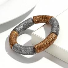 1pc Fashionable Acrylic Expandable Bangle Bracelet With Shiny Metallic Glitter, Suitable For Women Daily Wear And As Gifts - Gold and Silver Powder Curved Tube Bracelet - View 24