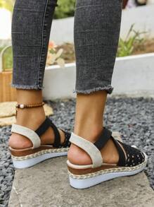 Sandalias de plataforma con cuña para mujer para el verano, de estilo versátil y casual con un diseño de correa de paja tejida con encaje de 2025, de gran tamaño, con estampado floral, elásticas y transpirables