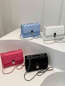 时尚纯色绗缝方形链条单肩包，百搭翻盖宴会晚宴包，新款轻便手提包和钱包，适合白领和学生的日常通勤斜挎包，休闲手机零钱斜挎包 - 白色 - 查看 1