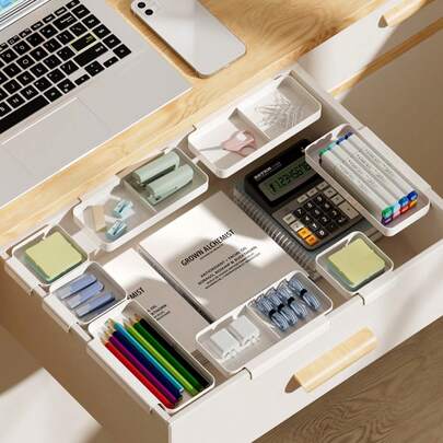 Drawer Divider Organizer Rack With Multi-Level Compartments To Maximize Drawer Space And Create Order In Every Room - Practical, Durable Storage Solution For Home Office, Kitchen, Workshop, Closet, And Study Desks; Compact, Lightweight, Easy Assembly; Modular Design For Flexible Layout, Hidden Stabilizers, Smooth Sliding Dividers, Keeps Small Accessories, Utensils, Tools, And Documents Neat, Accessible, And Ready For Daily Use