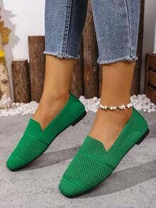 Women's Knitted Flat Square Toe Loafers, Comfortable Breathable Mom Shoes, Spring And Autumn - Green - View 2