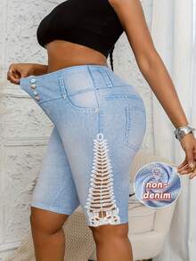 Plus Size Women's Tight Leggings, Side Hollow Out Lace Trim Design, Denim Effect Elastic Casual Shorts - Baby Blue - View 5