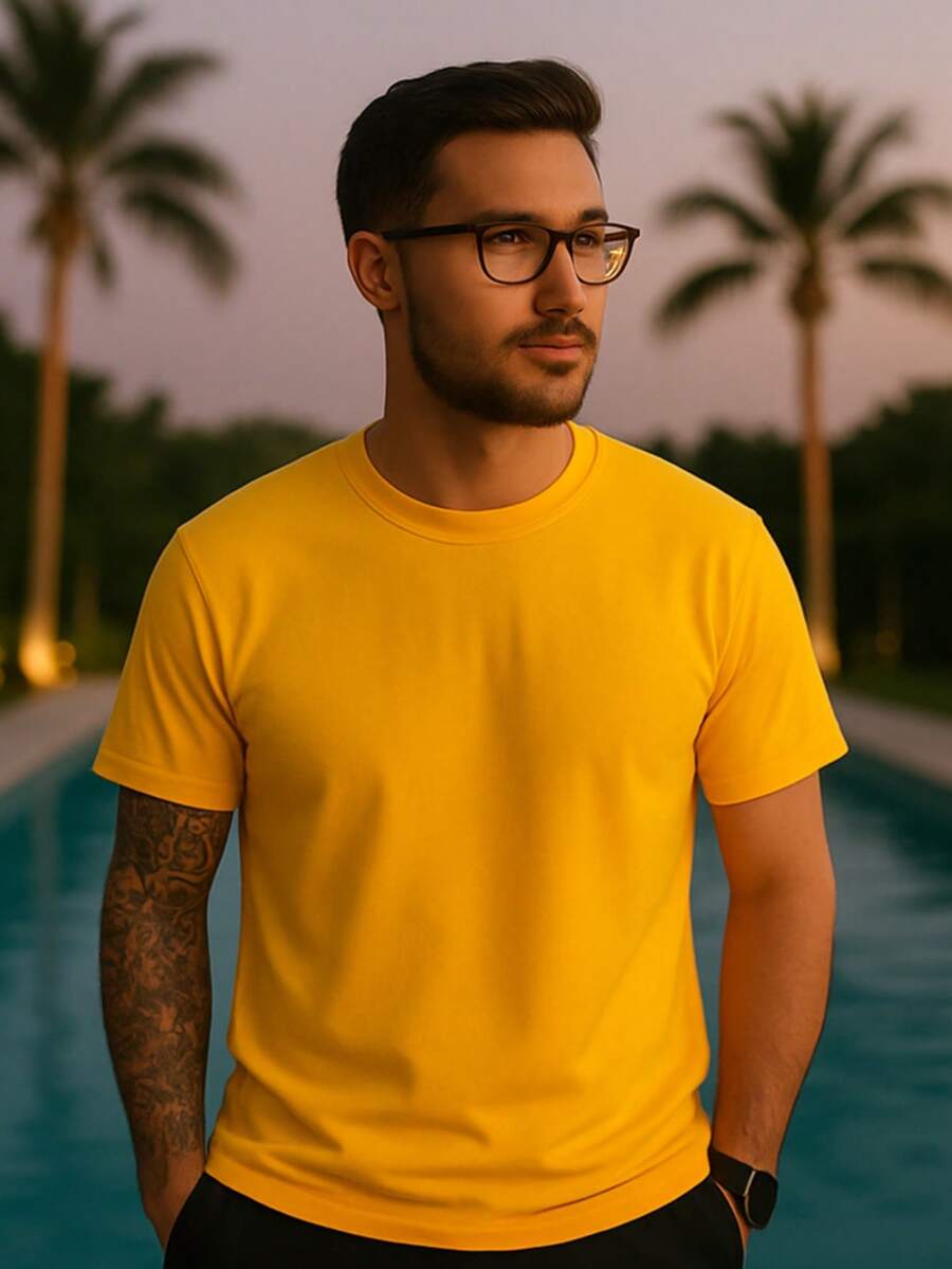 Stretwaer Men's Basic T-Shirt 100% Cotton 30.1 Premium Fresh, Wide And Comfortable - 黃色 - 查看 1