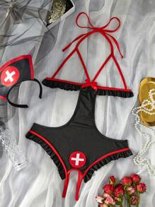 Lencería sexy nueva para mujer, mono con taza hueca sin cables, vestido de criada/enfermera seductor con tirantes extraíbles, para crear una atmósfera íntima de pareja en el dormitorio
