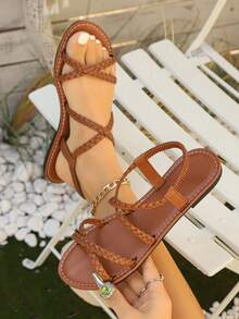 青少年学生新款时尚休闲交叉编织带元素平底凉鞋，休闲沙滩散步户外校园放松，适合春夏季，黑色、棕色、白色 - 棕色 - 查看 7