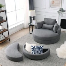[Video] Welike Swivel Accent Barrel Modern Dark Grey Sofa Lounge Club Big Round Chair With Storage Ottoman Linen Fabric For Living Room Hotel With Pillows-6899 - Nhiều màu - Xem 4