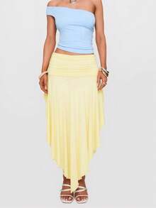 Women's Elegant Ruffle High Waist Flowy Mid-Length Skirt, Summer - Yellow - View 6
