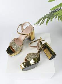 Nuevas sandalias sexy para mujer con puntera abierta, puntera cuadrada, correa, lentejuelas y suela gruesa. Para uso en exteriores durante el verano, elegante para vestido de fiesta y vestido de gala. Hermoso tacón grueso y plataforma de súper tacón alto