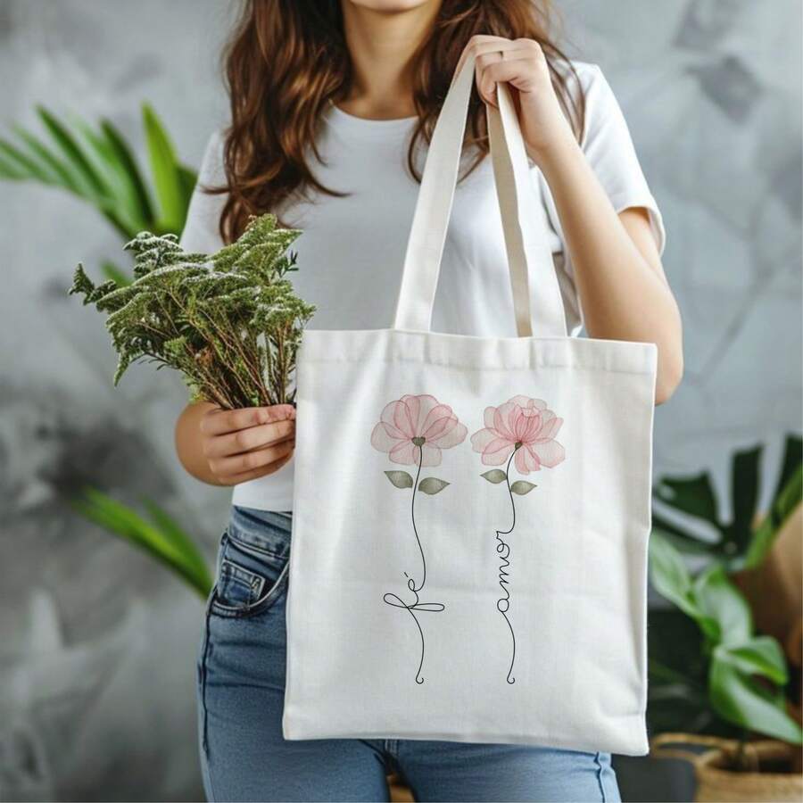 ECOBAG FEMININA CASUAL,PRATICA FLORES FÉ E AMOR,CRISTÃ,CATÓLICA,Letra Animal Desenho Animado Casual Praia - Branco - Visão 1
