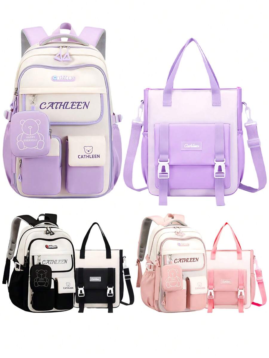 2Pcs/Set Large - Capacity Girls' Backpack With Teddy Bear Print & Portable Handbag, Coin Purse. Student Backpack Fits 15.6 - Inch Laptop, Multi - Functional Pockets. Ideal For Outdoor Travel, Back - To - School, School Trips & Daily Use