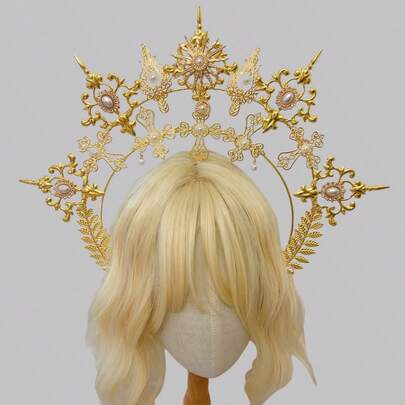 1pc Baroque Style Headband Hair Hoop, Gothic Crown Design With Faux Pearl Decor, Suitable For Ball & Party Halloween