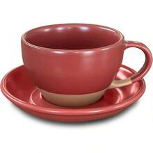 Mora Ceramic Latte Art Mug With Saucer - 10.5 Oz, Round Bottom Pours - Cafe Cups Cappuccino, Espresso, Coffee, Tea Etc - Porcelain Set Baristas, Great - Chai Latte - 紅色 - 查看 1