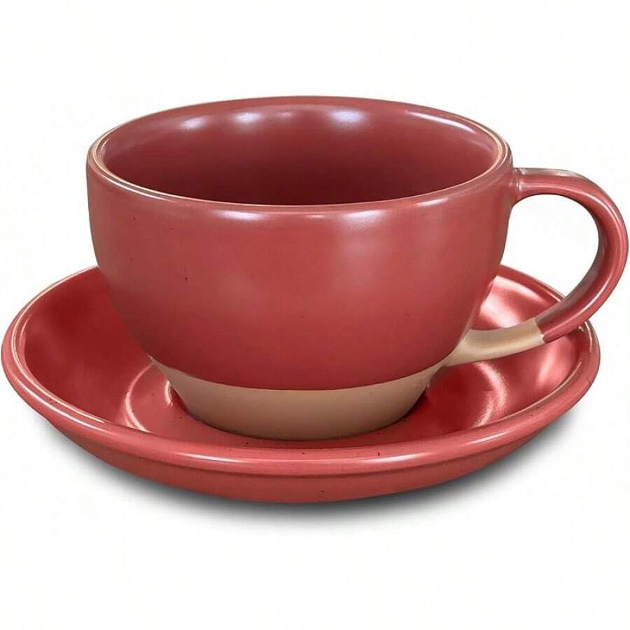 Mora Ceramic Latte Art Mug With Saucer - 10.5 Oz, Round Bottom Pours - Cafe Cups Cappuccino, Espresso, Coffee, Tea Etc - Porcelain Set Baristas, Great - Chai Latte - 紅色 - 查看 1