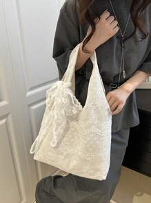 Korean Fresh Lace Flower Canvas Bag For Women New Large Capacity Shoulder Tote Bag Commuting Armpit Bag